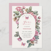ピンクの素朴なローズの花 招待状 (正面/裏面)