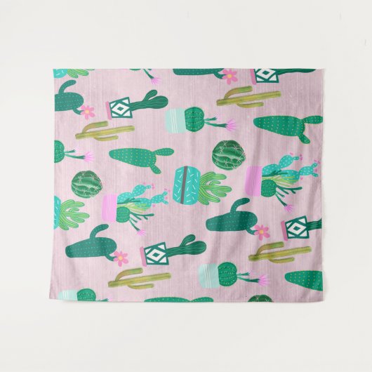 ピンクの素朴な南西部風のサボテン植物 タペストリー (正面(横))