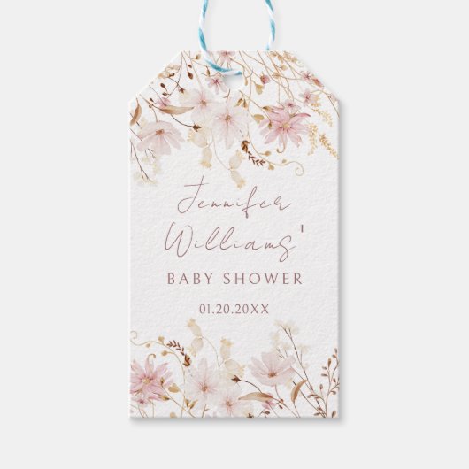 ピンクの素朴な小さな野生の花の赤ちゃん女の子シャワー ギフトタグ (正面)