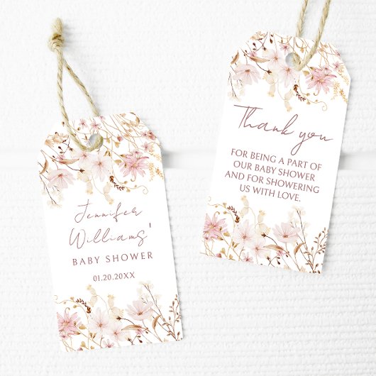 ピンクの素朴な小さな野生の花の赤ちゃん女の子シャワー ギフトタグ