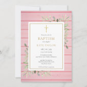 ピンクの素朴な木のグリーンがかった洗礼・キリスト洗礼式 招待状 (正面)
