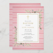 ピンクの素朴な木のグリーンがかった洗礼・キリスト洗礼式 招待状 (正面/裏面)
