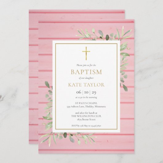 ピンクの素朴な木のグリーンがかった洗礼・キリスト洗礼式 招待状 (正面/裏面)