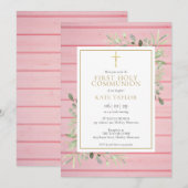 ピンクの素朴な木のグリーン 初めての聖体拝領 招待状 (正面/裏面)