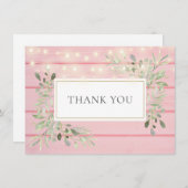 ピンクの素朴な木製のグリーンストリングライトの感謝カード サンキューカード (正面/裏面)