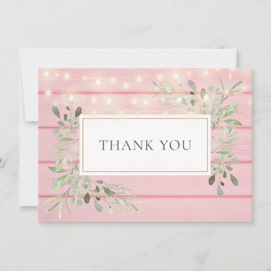 ピンクの素朴な木製のグリーンストリングライトの感謝カード サンキューカード (正面)