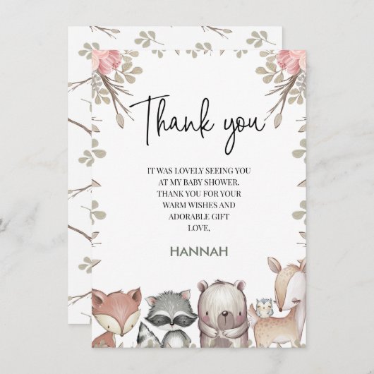 ピンクの素朴ウッドランド赤ちゃんシャワーサンキューカード 招待状 (正面/裏面)