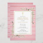 ピンクの素朴木の緑の最初の聖餐式 招待状 (正面/裏面)