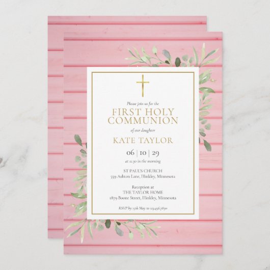 ピンクの素朴木の緑の最初の聖餐式 招待状 (正面/裏面)