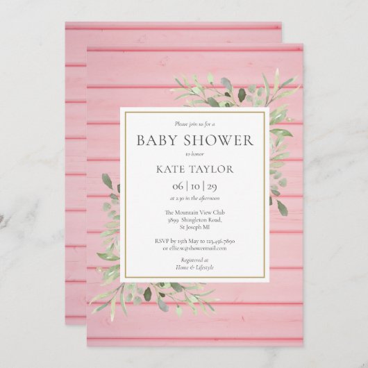 ピンクの素朴木の緑の赤ちゃんシャワー 招待状 (正面/裏面)