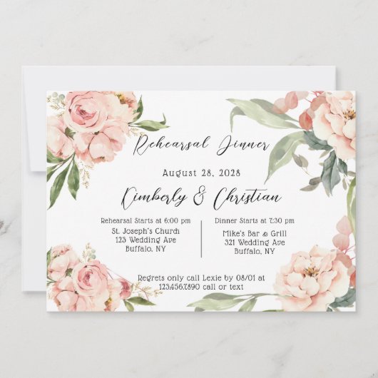 ピンクの素朴水色の牡丹リハーサルディナー 招待状 (正面)