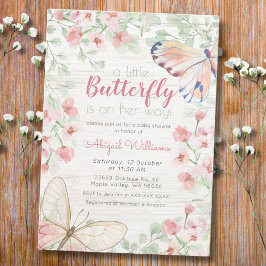 ピンクの素朴水色バタフライガールベビーシャワー 招待状