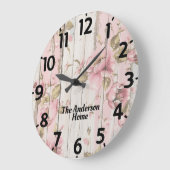 ピンクの素朴花 ラージ壁時計 (傾斜)