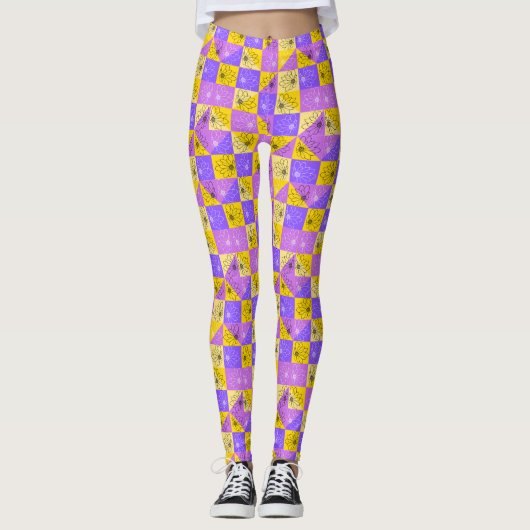 ピンクの紫と金ゴールドの抽象芸術の黒い花 レギンス (正面)