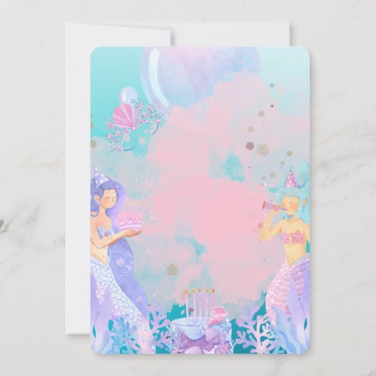 ピンクの紫と青の人魚をテーマにした誕生日パーティー 招待状 (裏面)