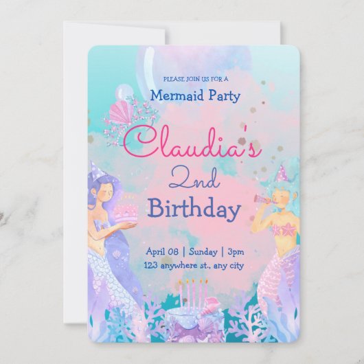 ピンクの紫と青の人魚をテーマにした誕生日パーティー 招待状 (正面)