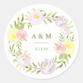 ピンクの紫と黄色の水の色のバラ結婚 ラウンドシール (正面)