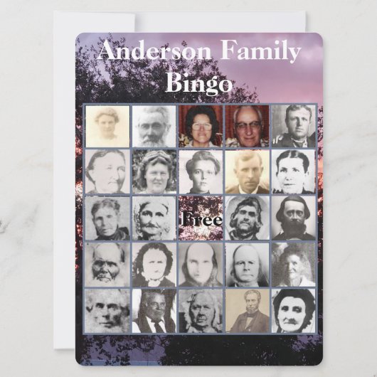 ピンクの紫のサンセット写真を持つファミリービンゴカード (裏面)