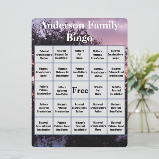 ピンクの紫のサンセット写真を持つファミリービンゴカード (スタンド正面)