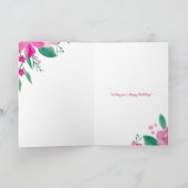ピンクの紫のフローラの水色の誕生日スクリプト カード (内部)