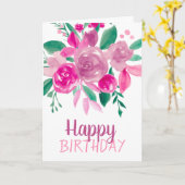 ピンクの紫のフローラの水色の誕生日スクリプト カード (黄色い花)