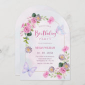 ピンクの紫のフローラ水色の蝶の誕生日 招待状 (正面/裏面)