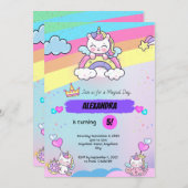 ピンクの紫のユニコーンの誕生日の招待状 招待状 (正面/裏面)