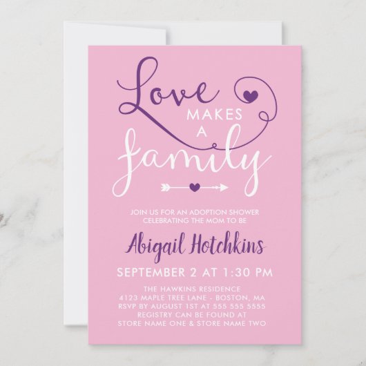 ピンクの紫の愛が家族の養子縁組シャワーを浴びる 招待状 (正面)