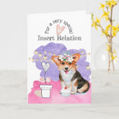 ピンクの紫の紐のライト·バースのかわいい子犬 カード (黄色い花)