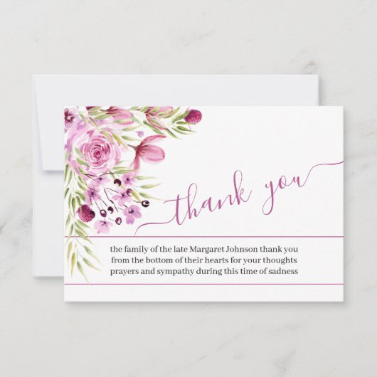 ピンクの紫の花と台本の葬儀で写真 サンキューカード (正面)
