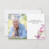 ピンクの紫の花と台本の葬儀で写真 サンキューカード (裏面)