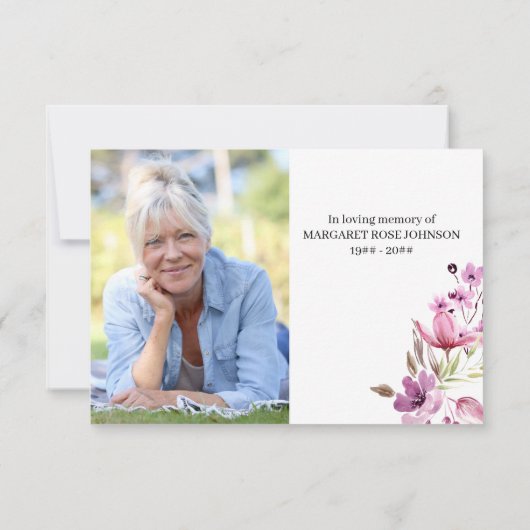 ピンクの紫の花と台本の葬儀で写真 サンキューカード (裏面)