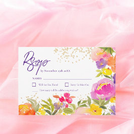 ピンクの紫の金ゴールド夏のフローラ水色 出欠カード
