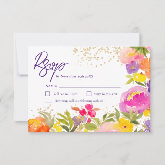 ピンクの紫の金ゴールド夏のフローラ水色 出欠カード (正面)