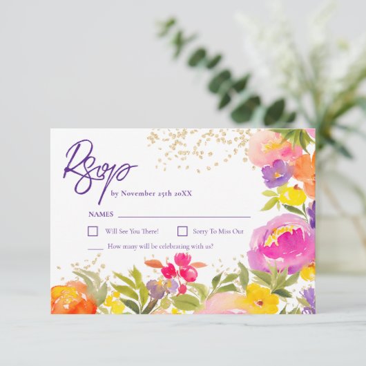 ピンクの紫の金ゴールド夏のフローラ水色 出欠カード (スタンド正面)