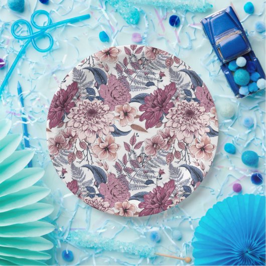 ピンクの紫シダの植物花模様石板ブルー ペーパープレート (パーティー)