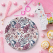 ピンクの紫シダの植物花模様石板ブルー ペーパープレート (パーティー)