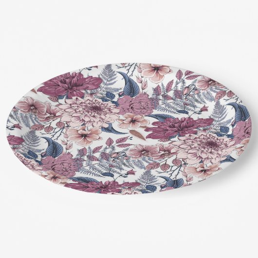 ピンクの紫シダの植物花模様石板ブルー ペーパープレート (アングル)