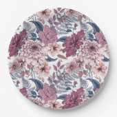 ピンクの紫シダの植物花模様石板ブルー ペーパープレート (正面)