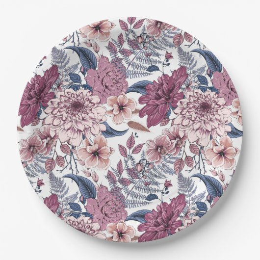 ピンクの紫シダの植物花模様石板ブルー ペーパープレート (正面)