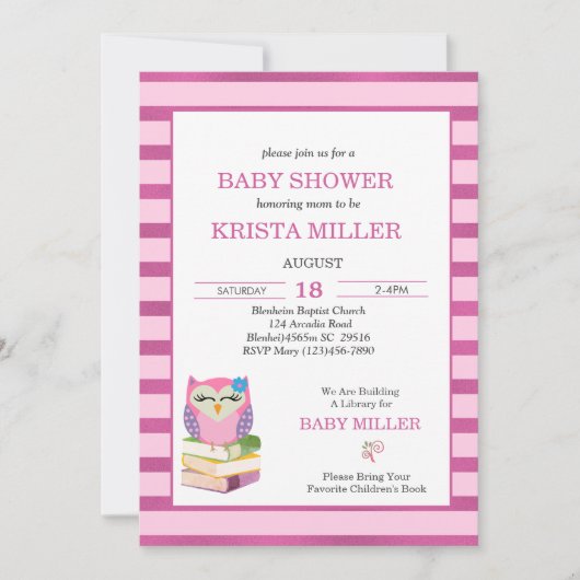 ピンクの紫フクロウが本の赤ちゃんシャワーを持参 招待状 (正面)