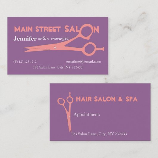 ピンクの紫色のガーリーなせん断のガーリーな美容院のスパ 予約カード (正面/裏面)