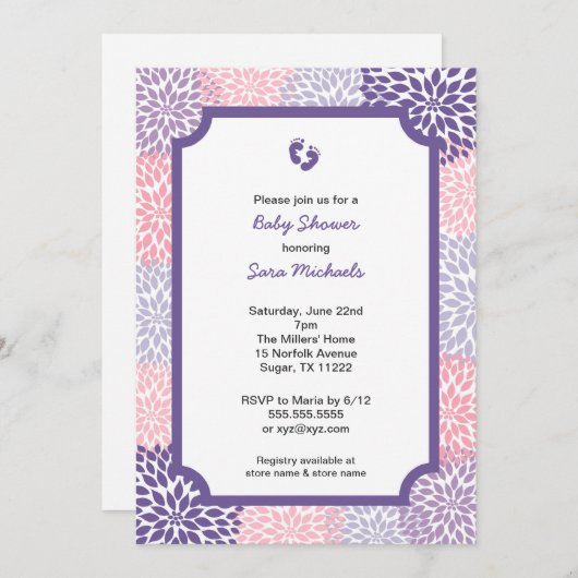 ピンクの紫色のダリアの女の子のベビーシャワーの招待 招待状 (正面/裏面)