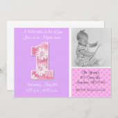 ピンクの紫色のデイジーの女の子の最初誕生日の招待状 招待状 (正面/裏面)