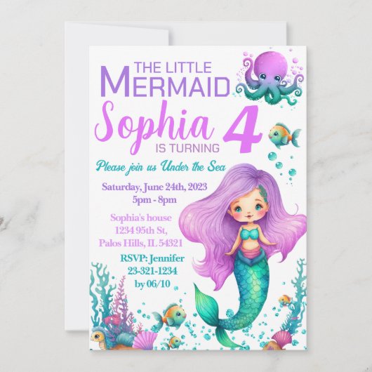 ピンクの紫色の人魚の誕生日の招待 招待状 (正面)