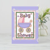 ピンクの紫色の女の子の乳母車のシャワーの招待 招待状 (スタンド正面)