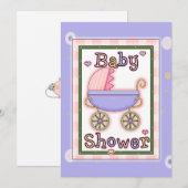 ピンクの紫色の女の子の乳母車のシャワーの招待 招待状 (正面/裏面)