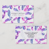 ピンクの紫色の手塗りの水彩画のbohoの羽 名刺 (正面/裏面)