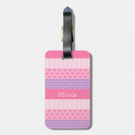ピンクの紫色の水玉模様のストライプなハートパターン ラゲッジタグ (裏面縦)