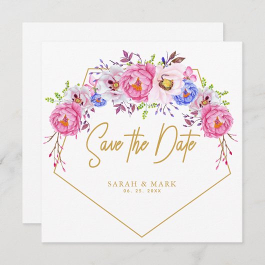 ピンクの紫色の水色のフローラフレーム日付を保存 招待状 (正面/裏面)